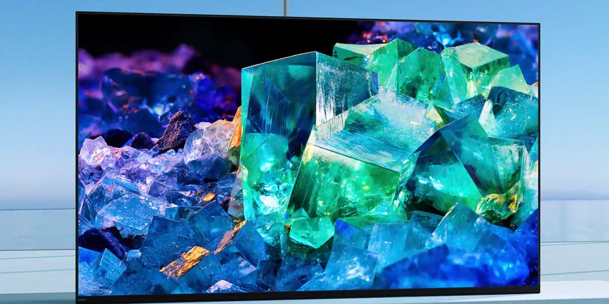 A Sony Bravia XR A95K display with blue and green crystals on the screen