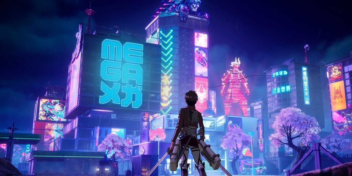 A Fortnite character looking up at the Mega City skyline.